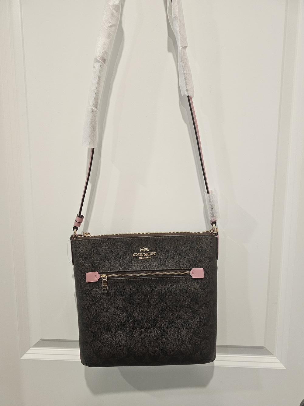 Coach Rowan File Bag Brown Signature Crossbody with Pink Accents
